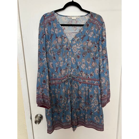 Veronica Beard Blue Floral Boho Peasant Tunic Dress Rayon Tie Waist Romantic - Picture 5 of 14